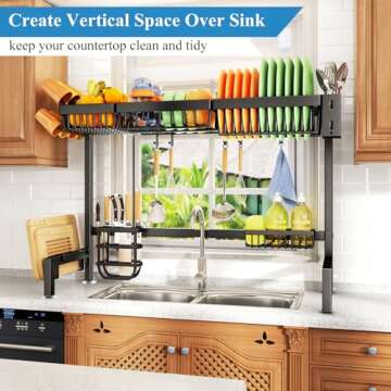 Over The Sink Dish Drying Rack – Adjustable (30" to 41.5") with Multiple Accessories