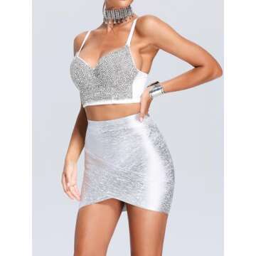 Women's Handmade Rhinestone Diamond Push up Bustier Crop Top Sexy Club Party Corset Bra (US, Alpha, Large, Regular, Regular, Silver)