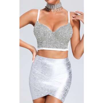Women's Handmade Rhinestone Diamond Push up Bustier Crop Top Sexy Club Party Corset Bra (US, Alpha, Large, Regular, Regular, Silver)