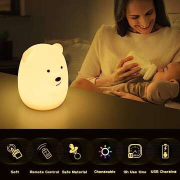 PAMANO LED Nursery Night Lights for Kids -USB Rechargeable Cute Animal Silicone Lamps with Touch Sensor and Remote Control -Portable Color Changing Glow Soft Cute Baby Infant Toddler Gift (Bear)
