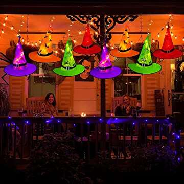 MZD8391 Halloween Decorations Lighted Witch Hats, 8Pcs Hanging Glowing Witch Hats 44ft Halloween Out...