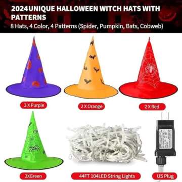 MZD8391 Halloween Decorations Lighted Witch Hats, 8Pcs Hanging Glowing Witch Hats 44ft Halloween Outdoor Lights String with 8 Lighting Modes for Outdoor, Garden, Yard, Tree