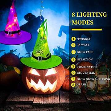 MZD8391 Halloween Decorations Lighted Witch Hats, 8Pcs Hanging Glowing Witch Hats 44ft Halloween Outdoor Lights String with 8 Lighting Modes for Outdoor, Garden, Yard, Tree