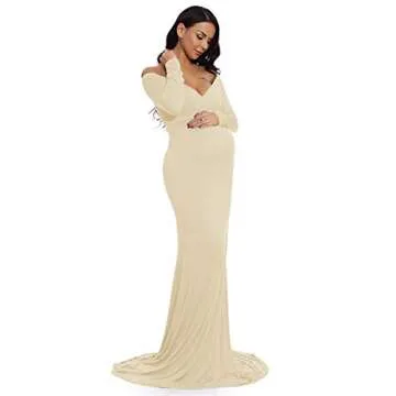 ZIUMUDY Maternity Off Shoulder Photo Shoot Photography Dress Solid Color Baby Shower Dress(Medium, Beige)