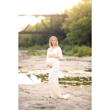 ZIUMUDY Maternity Off Shoulder Photo Shoot Photography Dress Solid Color Baby Shower Dress(Medium, Beige)