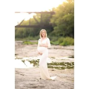 ZIUMUDY Maternity Off Shoulder Photo Shoot Photography Dress Solid Color Baby Shower Dress(Medium, Beige)