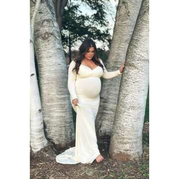 ZIUMUDY Maternity Off Shoulder Photo Shoot Photography Dress Solid Color Baby Shower Dress(Medium, Beige)