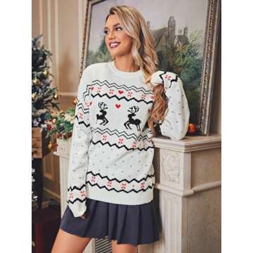 Miessial Women's Ugly Christmas Knitted Sweater Funny Cute Reindeer Snowflake Pulover Crew Neck Swea...