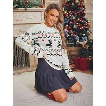 Miessial Women's Ugly Christmas Knitted Sweater Funny Cute Reindeer Snowflake Pulover Crew Neck Sweatshirt for Holiday White M