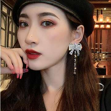Missgrace Bohemian Dainty Rhinestones Silver Butterfly Bow Statement Drop Dangle Earrings for Women Fashion Tessels Earrings Set Silver Stud Hoops Bar Earrings Set for Women