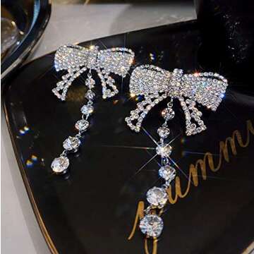 Missgrace Bohemian Dainty Rhinestones Silver Butterfly Bow Statement Drop Dangle Earrings for Women Fashion Tessels Earrings Set Silver Stud Hoops Bar Earrings Set for Women