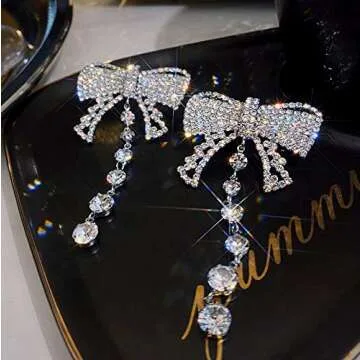 Missgrace Bohemian Dainty Rhinestones Silver Butterfly Bow Statement Drop Dangle Earrings for Women Fashion Tessels Earrings Set Silver Stud Hoops Bar Earrings Set for Women