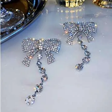 Missgrace Bohemian Dainty Rhinestones Silver Butterfly Bow Statement Drop Dangle Earrings for Women Fashion Tessels Earrings Set Silver Stud Hoops Bar Earrings Set for Women