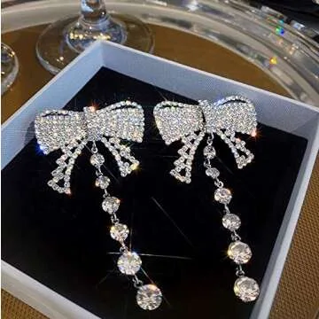 Missgrace Bohemian Dainty Rhinestones Silver Butterfly Bow Statement Drop Dangle Earrings for Women Fashion Tessels Earrings Set Silver Stud Hoops Bar Earrings Set for Women