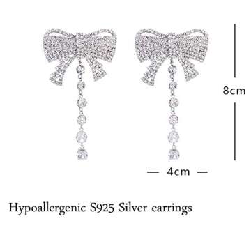 Missgrace Bohemian Dainty Rhinestones Silver Butterfly Bow Statement Drop Dangle Earrings for Women Fashion Tessels Earrings Set Silver Stud Hoops Bar Earrings Set for Women