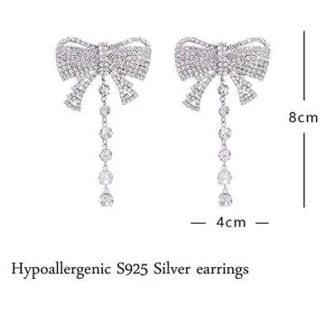 Missgrace Bohemian Dainty Rhinestones Silver Butterfly Bow Statement Drop Dangle Earrings for Women Fashion Tessels Earrings Set Silver Stud Hoops Bar Earrings Set for Women