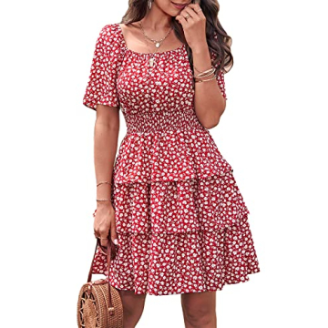 PRETTYGARDEN Women's 2025 Floral Summer Short Dress Square Neck Short Sleeve Tiered Ruffle Boho Swin...
