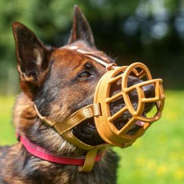BASKERVILLE ULTRA MUZZLE - Patented Humane Design, Breathable, Dog can Pant and Drink, Adjustable, Padded, Training Muzzle for Medium-sized Dogs, Prevents Biting, Wildlife Scavenging (Size 4, Tan)