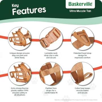 BASKERVILLE ULTRA MUZZLE - Patented Humane Design, Breathable, Dog can Pant and Drink, Adjustable, Padded, Training Muzzle for Medium-sized Dogs, Prevents Biting, Wildlife Scavenging (Size 4, Tan)