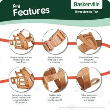 BASKERVILLE ULTRA MUZZLE - Patented Humane Design, Breathable, Dog can Pant and Drink, Adjustable, Padded, Training Muzzle for Medium-sized Dogs, Prevents Biting, Wildlife Scavenging (Size 4, Tan)