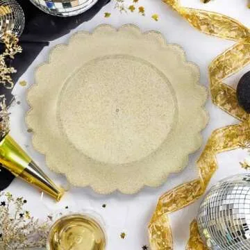 BLUE PANDA 50-Pack Gold Plastic Plates - Gold Glitter Plates with Scalloped Edges, Disposable for Birthdays, Weddings, Bridal Shower, 9 inches