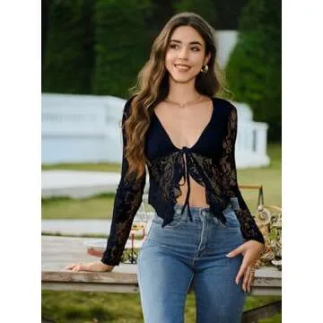 AGECODE Women's Sexy Open Front Tie Long Sleeve Ruffle Trim Sheer Mesh Lace Crop Tops Blouses