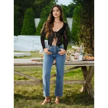 AGECODE Women's Sexy Open Front Tie Long Sleeve Ruffle Trim Sheer Mesh Lace Crop Tops Blouses