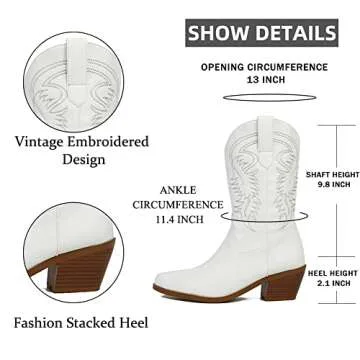 Erocalli White Cowgirl Boot Cowboy Ankle Booties for Women Western Pointed Toe Short Booties Embroidered Modern Boot with Pull Tabs