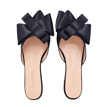 Emiwey Pointed Toe Bow-Knot Flat Backless Slip On Slide Mules for Women Black 8 M US