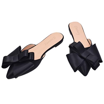 Emiwey Pointed Toe Bow-Knot Flat Backless Slip On Slide Mules for Women Black 8 M US