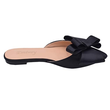 Emiwey Pointed Toe Bow-Knot Flat Backless Slip On Slide Mules for Women Black 8 M US