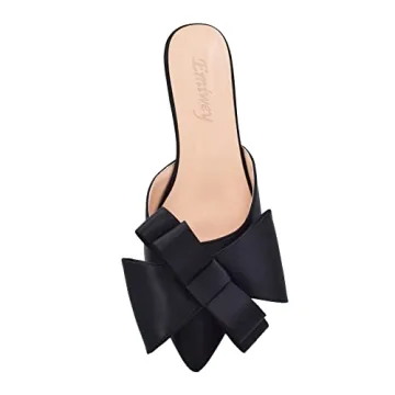 Emiwey Pointed Toe Bow-Knot Flat Backless Slip On Slide Mules for Women Black 8 M US