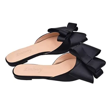 Emiwey Pointed Toe Bow-Knot Flat Backless Slip On Slide Mules for Women Black 8 M US