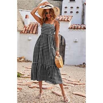 PRETTYGARDEN Summer Dress for Women Plaid Spaghetti Strap Square Neck Tiered Ruffle Flowy Maxi Dresses(Black,X-Large)