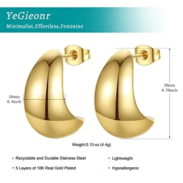 YeGieonr Chunky Gold Hoop Earrings for Women, Lightweight Stainless Steel Teardrop Open Hoops with 18K Real Gold Plated, Hypoallergenic Earrings Trendy Jewelry for Women