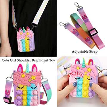 Fidget Purse, Pop Fidget Push It Bubble Popper Unicorn Bag with Bulk Fidget Bracelets Key Chain Stress Relief Toys for Girls Ages 3-12 Gift Easter Basket Stuffers Birthday Party Favor Xmas Stocking