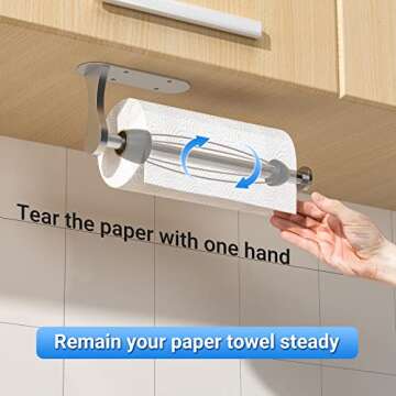 Paper Towel Holder Under Cabinet, One-Handed Tear, Wall Mount, Adhesive, Stainless Steel, Silver, Pa...