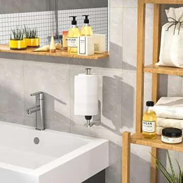 Paper Towel Holder Under Cabinet, One-Handed Tear, Wall Mount, Adhesive, Stainless Steel, Silver, Paper Roll Holder with Ratchet Mechanism for Kitchen Bathroom Farmhouse Essentials Decor Accessories