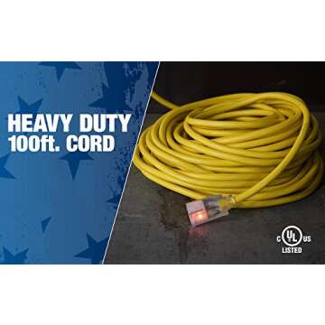 Southwire Outdoor Extension Cord, 100 Ft, 12 gauge 3 prong, Heavy Duty, SJTW Cord, Yellow, 2589