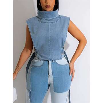 PAODIKUAI Women's Sleeveless Denim Crop Top Vest Y2K Sexy Summer Jean Vest Shirt Tank Tops Waistcoat Jacket (A-light blue-L)