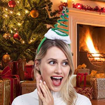ADJOY Springy Christmas Tree Headband with Bells Santa Headwear - One Size Fits Most