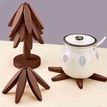 Wooden Cup Coaster Set，Tree Shape Trivet Set,Tree Coasters- 4 Wooden Trivets + 1 Stand stored for ...