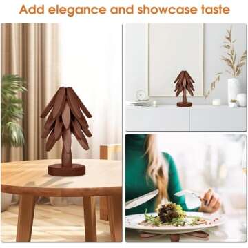 Wooden Cup Coaster Set，Tree Shape Trivet Set,Tree Coasters- 4 Wooden Trivets + 1 Stand stored for hot Dish/Pot/Bowl/teapot/hot Pot Set (Brown)