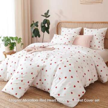 Erwinmu Heart Duvet Cover Set Queen Size,White Pink Red Heart Pattern Bedding Duvet Cover Girls with Zipper Closure,Breathable Microfiber Comforter Cover 90"x90" and 2 Pillowcases 20"x30"