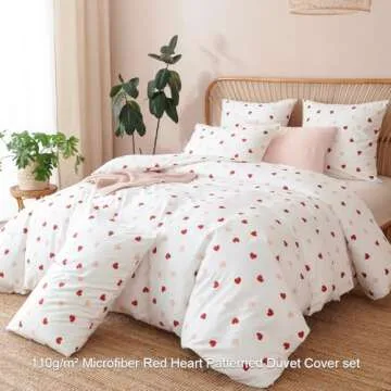 Erwinmu Heart Duvet Cover Set Queen Size,White Pink Red Heart Pattern Bedding Duvet Cover Girls with Zipper Closure,Breathable Microfiber Comforter Cover 90"x90" and 2 Pillowcases 20"x30"