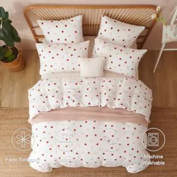Erwinmu Heart Duvet Cover Set Queen Size,White Pink Red Heart Pattern Bedding Duvet Cover Girls with Zipper Closure,Breathable Microfiber Comforter Cover 90"x90" and 2 Pillowcases 20"x30"