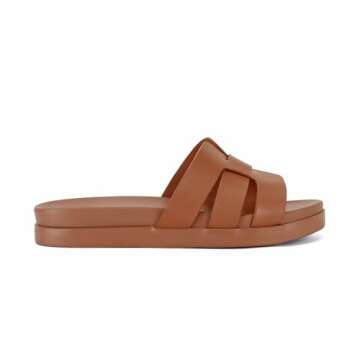 SOVANYOU Platform Slides Sandals Leather H Sandals for Women Comfortable Summer Sandals Brown Flat Sandals Slip-On Beach Sandals Dressy Flatform Sandals, 8