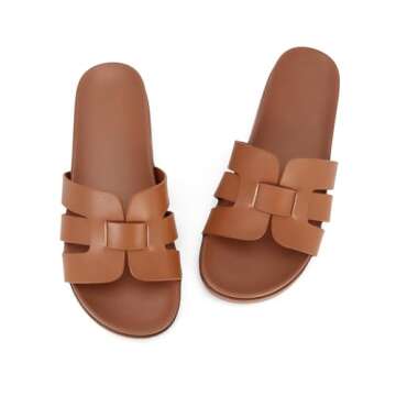 SOVANYOU Platform Slides Sandals Leather H Sandals for Women Comfortable Summer Sandals Brown Flat Sandals Slip-On Beach Sandals Dressy Flatform Sandals, 8