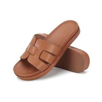 SOVANYOU Platform Slides Sandals Leather H Sandals for Women Comfortable Summer Sandals Brown Flat Sandals Slip-On Beach Sandals Dressy Flatform Sandals, 8