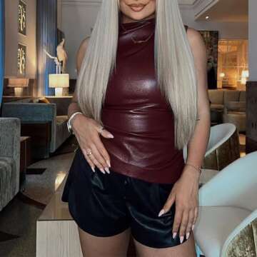 aihuajie Women's FashionFaux Leather Pleated Sleeveless Asymmetrical Mock Neck Slim Tank Top (wRed,M...